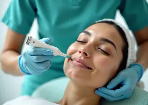 Patient receiving HydraFacial in modern clinic with icons representing microneedling laser peel RF and LED in the background