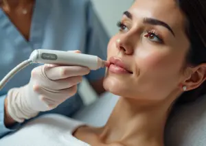 Clinician performing Morpheus8 microneedling RF treatment on a woman's lower face in a modern medical spa with a before-and-after inset.