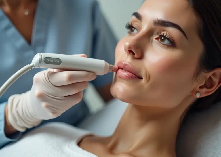 Clinician performing Morpheus8 microneedling RF treatment on a woman's lower face in a modern medical spa with a before-and-after inset.