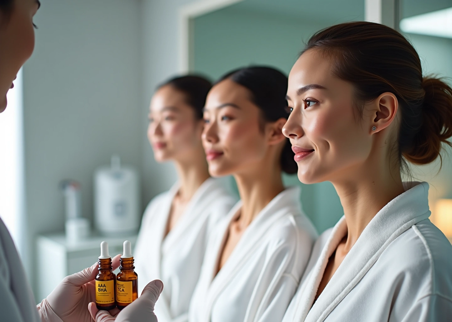 Clinician with AHA BHA and TCA bottles beside three diverse models and out of focus microneedling laser RF and LED devices in a clean clinical spa setting