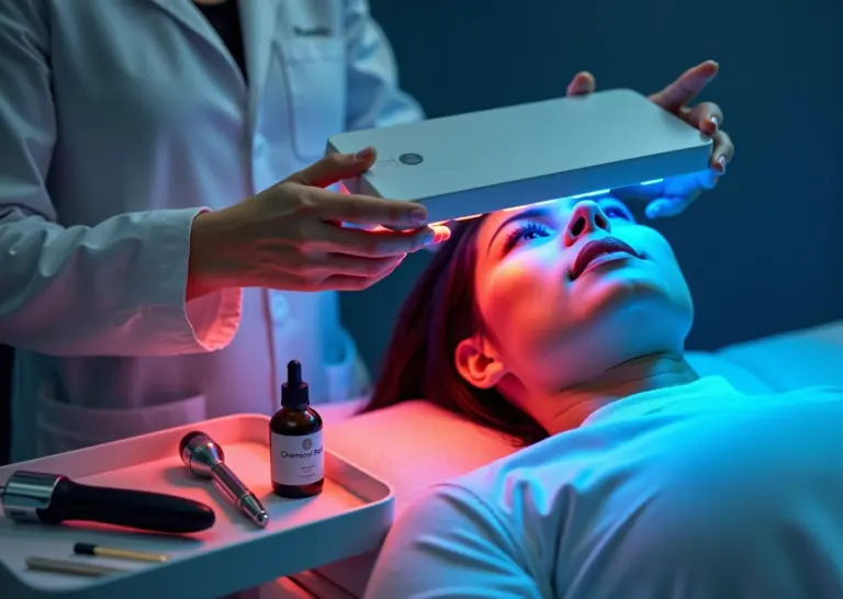 Dermatology clinic scene with blue and red LED therapy panels plus microneedling pen and RF device on a treatment tray