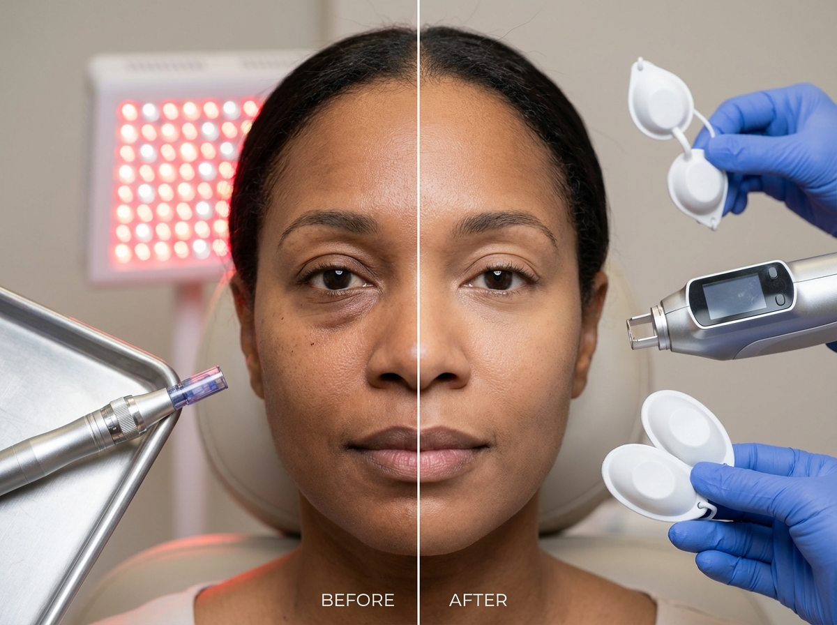 Diverse adult patient in a dermatology clinic with close-up before and after under-eye area, clinician with microneedling pen, handheld laser and LED panel visible.
