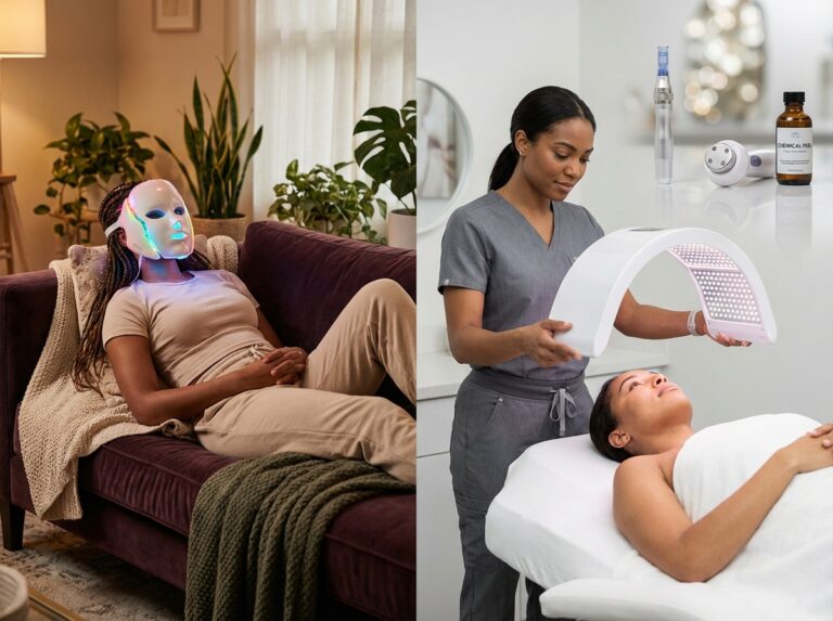 Side-by-side photo of a person using a home LED face mask and a clinician operating a professional LED panel in a medical spa, with microneedling and RF tools blurred in the background