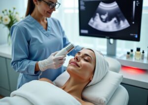 Clinician performing Ultherapy with ultrasound monitor visible and other devices like microneedling, laser, chemical peel bottles and LED panel on a clinic counter