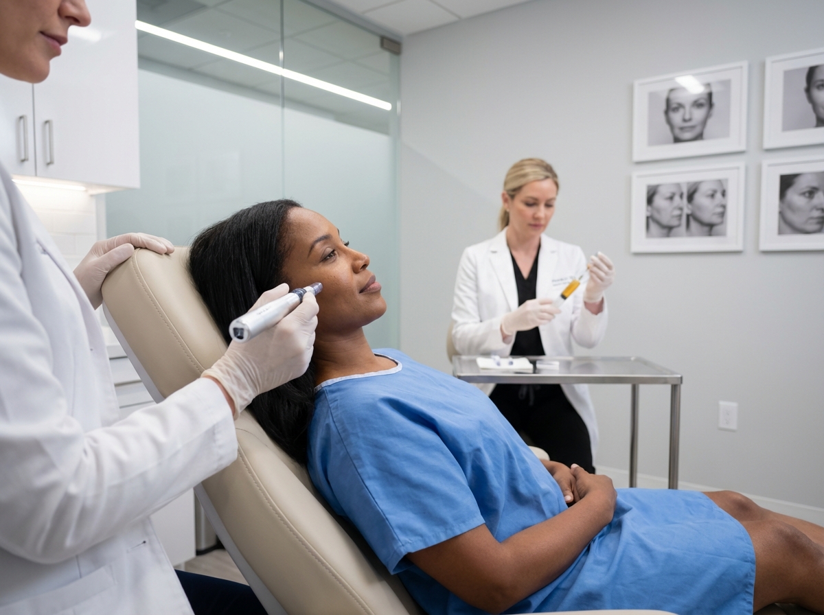 Clinician preparing PRP vial while another performs microneedling on a patient in a modern dermatology clinic