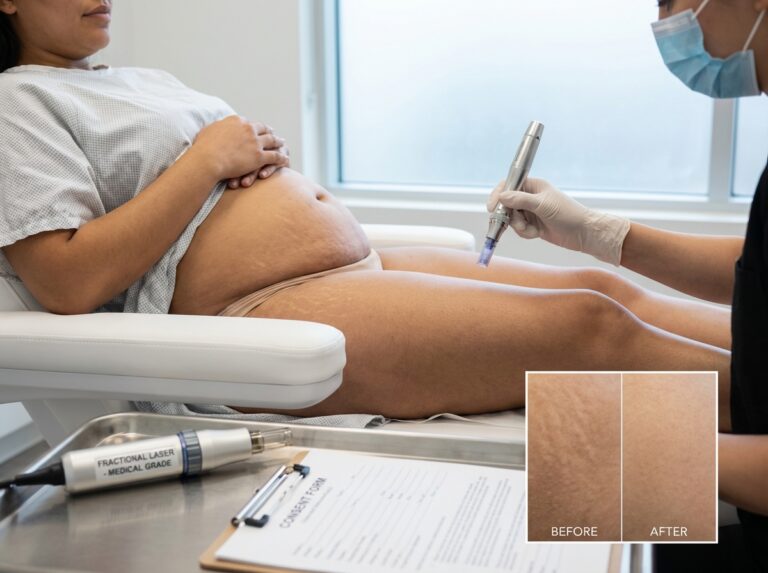 Dermatologist preparing to treat stretch marks on a patient’s abdomen with microneedling in a modern clinic; laser device visible on the tray