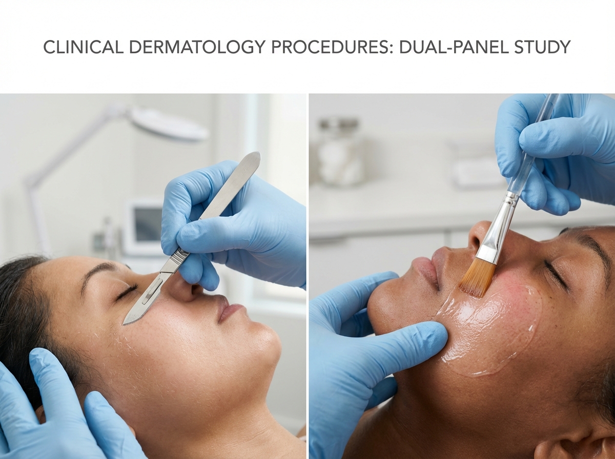 Split image of dermaplaning procedure on one cheek and a clinician applying a chemical peel on the other cheek in a clean clinic setting