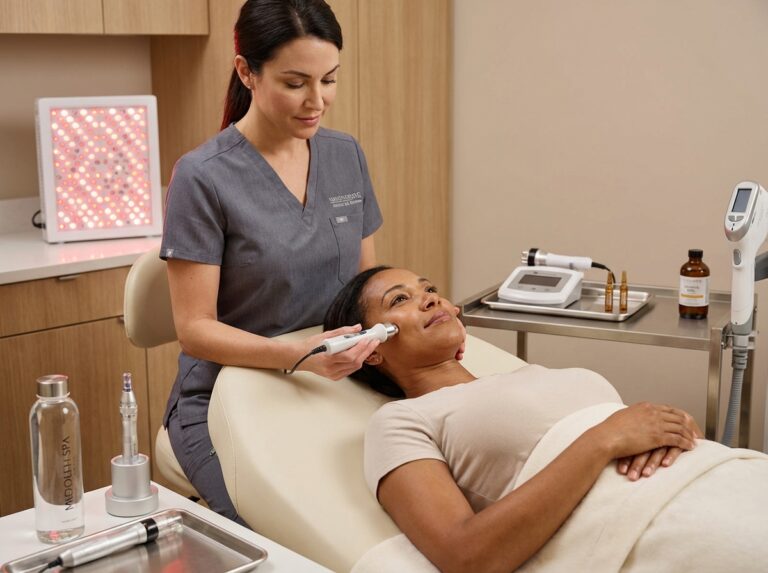 Patient receiving a microcurrent facial in a modern clinic with LED panel, RF device, microneedling pen and laser handpiece visible