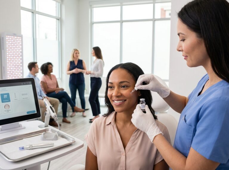 Diverse adult patients of different skin tones receiving VI Peel and other non-invasive skin rejuvenation procedures in a bright dermatology clinic