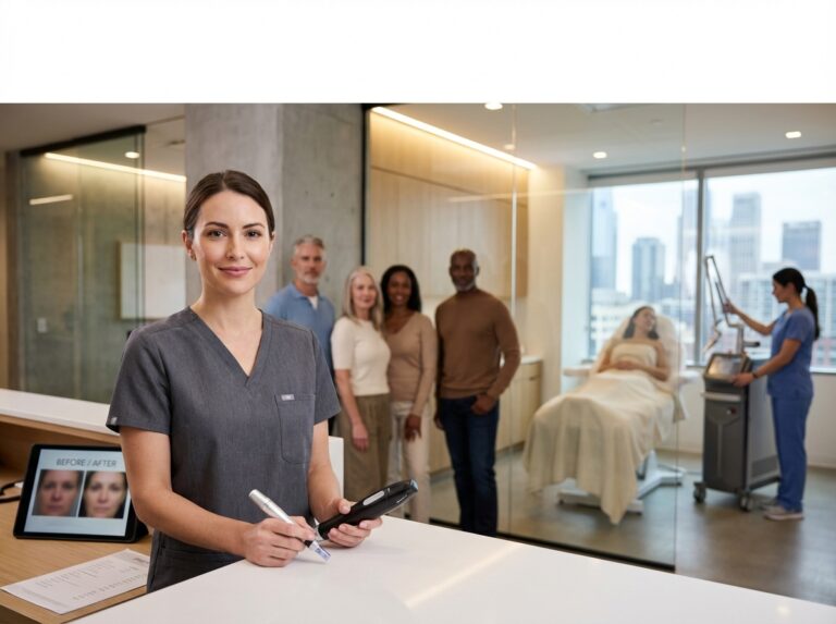 Dermatology clinic scene showing a clinician holding a microneedling device and a laser console with diverse patients and before-and-after screens