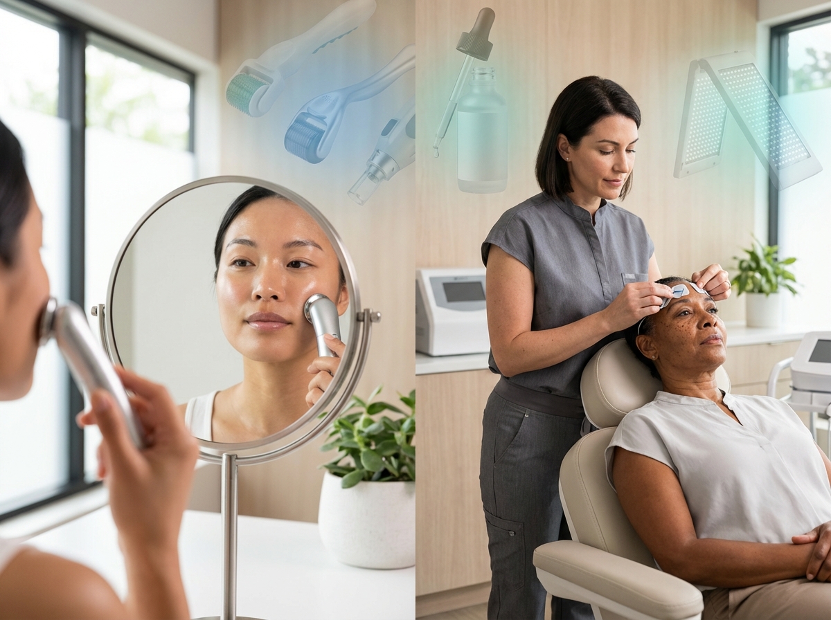 Person using at-home NuFace device beside clinician applying professional microcurrent in a modern dermatology room with icons for microneedling, laser, peel, RF and LED.