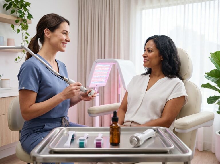 Dermatologist holding a fractional CO2 laser handpiece beside a patient in a modern clinic with microneedling device, chemical peel bottle, RF handpiece and LED panel visible