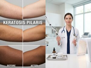 Dermatology clinic scene with before and after forearm images of keratosis pilaris, a clinician holding a fractional laser handpiece and a microneedling pen, and topical exfoliant products on a tray