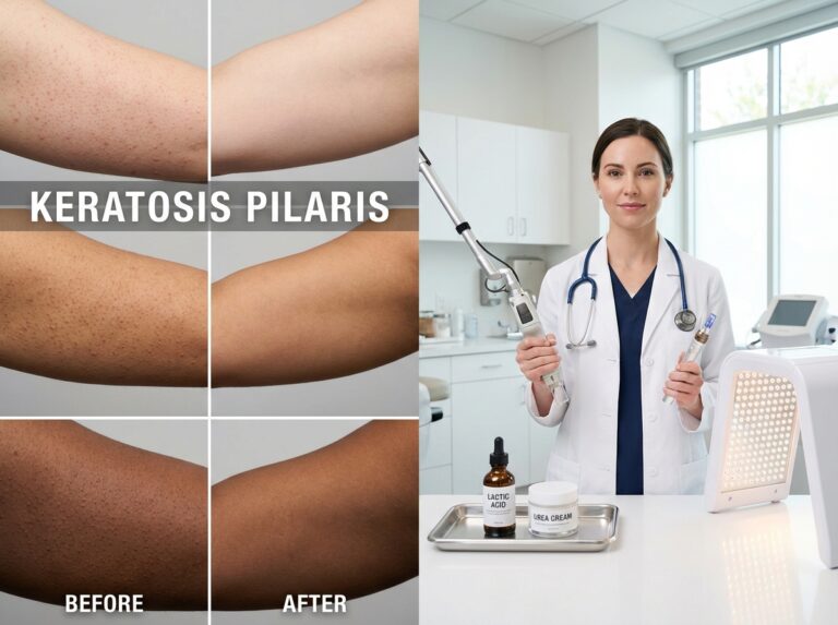 Dermatology clinic scene with before and after forearm images of keratosis pilaris, a clinician holding a fractional laser handpiece and a microneedling pen, and topical exfoliant products on a tray