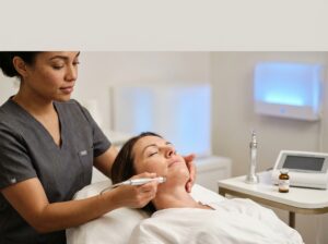 Clinician using Thermage FLX on a patient’s jawline with microneedling, laser and LED therapy equipment visible in a modern aesthetic clinic.