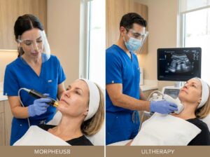 Clinician performing Morpheus8 RF microneedling on jawline and another using Ultherapy ultrasound on neck in a modern aesthetic clinic