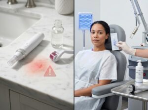 Split image showing at-home microneedling devices and irritated skin on one side and a clinician using sterile equipment with laser, RF and LED devices in a professional clinic on the other