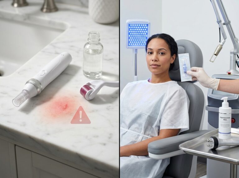 Split image showing at-home microneedling devices and irritated skin on one side and a clinician using sterile equipment with laser, RF and LED devices in a professional clinic on the other