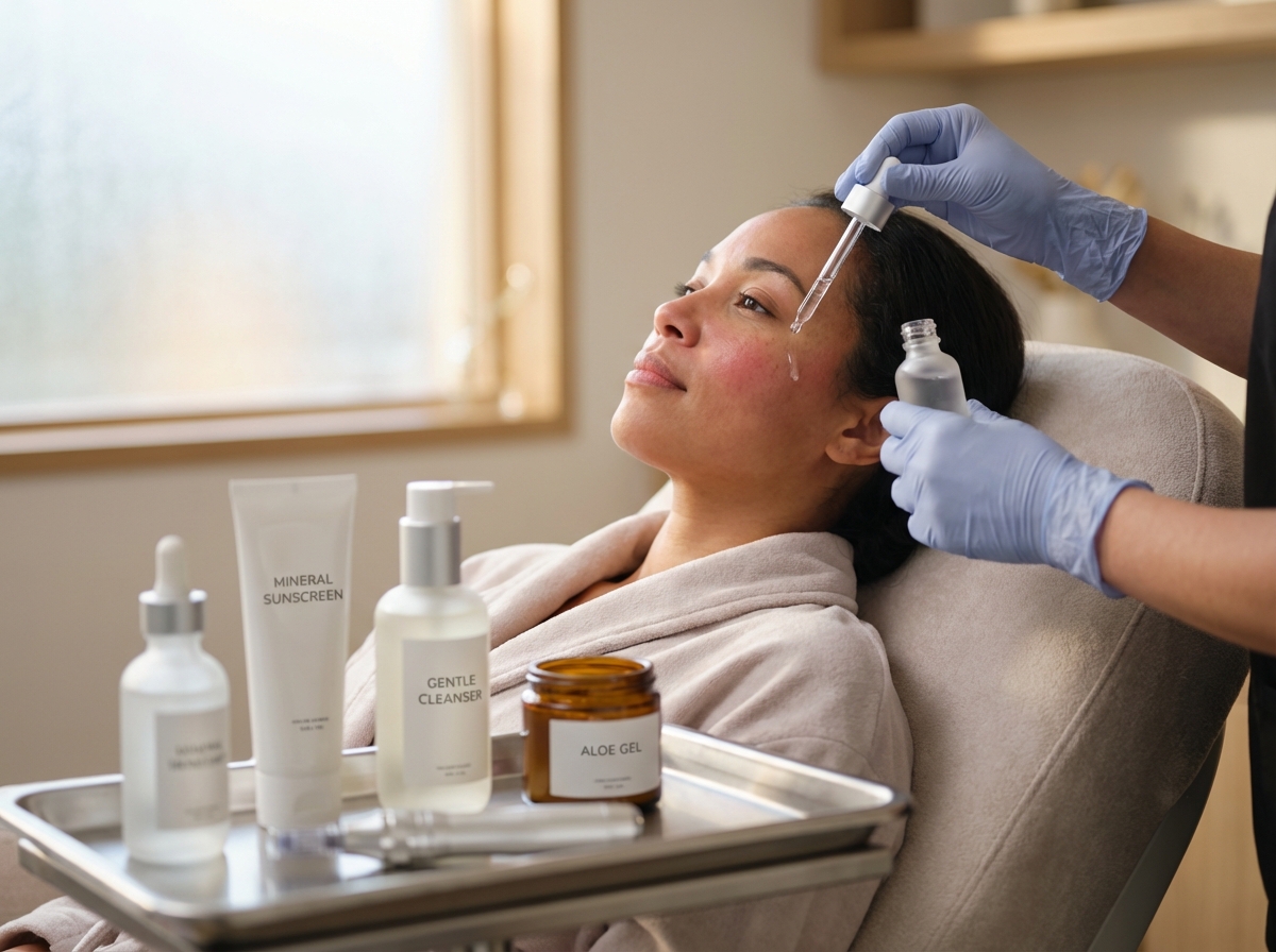 Patient receiving post-microneedling care in a modern clinic with clinician applying hydrating serum and skin care products nearby