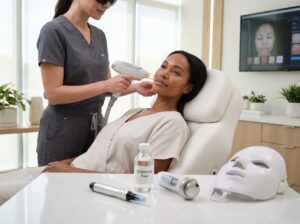 Medspa clinician performing Laser Genesis on a patient with microneedling device, chemical peel bottle, RF device and LED mask visible in the background