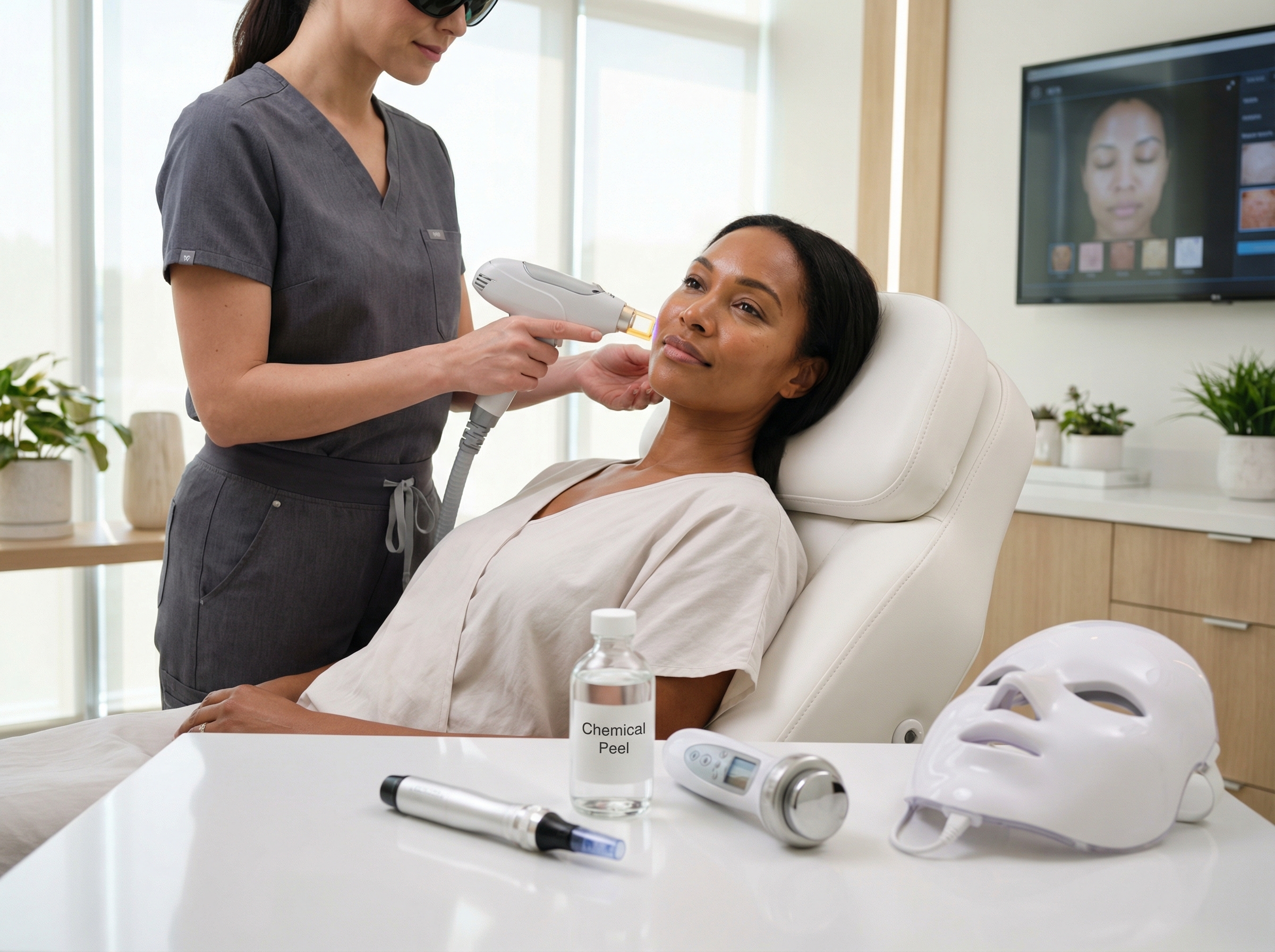 Medspa clinician performing Laser Genesis on a patient with microneedling device, chemical peel bottle, RF device and LED mask visible in the background