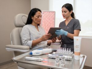 Dermatologist discussing non-invasive melasma treatment options with a patient showing melasma, with microneedling pen, LED panel, RF device and chemical peel bottles on tray