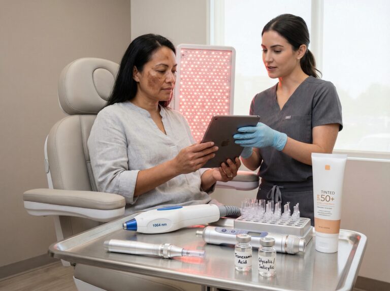 Dermatologist discussing non-invasive melasma treatment options with a patient showing melasma, with microneedling pen, LED panel, RF device and chemical peel bottles on tray