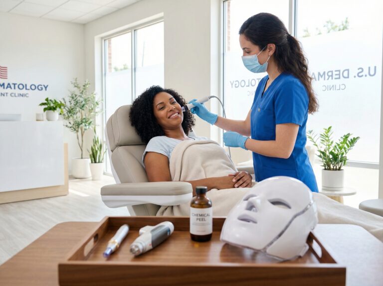 Clinician performing a radiofrequency facial on a patient in a bright, modern dermatology clinic with icons of microneedling, laser, chemical peel, and LED mask visible