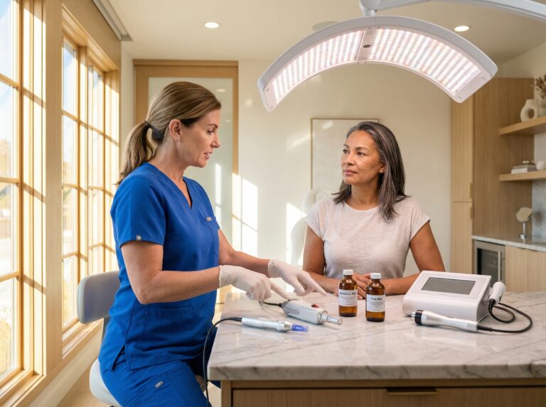 Clinician explaining microneedling pen, fractional laser, chemical peels, RF handpiece and LED panel to a patient in a modern aesthetic clinic