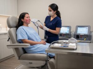 Dermatologist preparing IPL and V‑Beam laser near gentle chemical peels for a patient with facial redness in a clinic setting