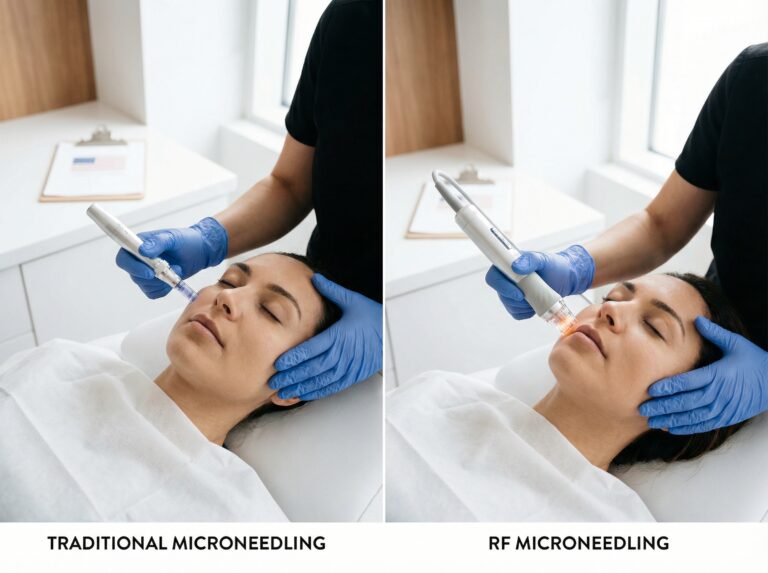 Clinician performing traditional microneedling and RF microneedling side by side in a modern dermatology clinic, close-up on devices and treated facial areas