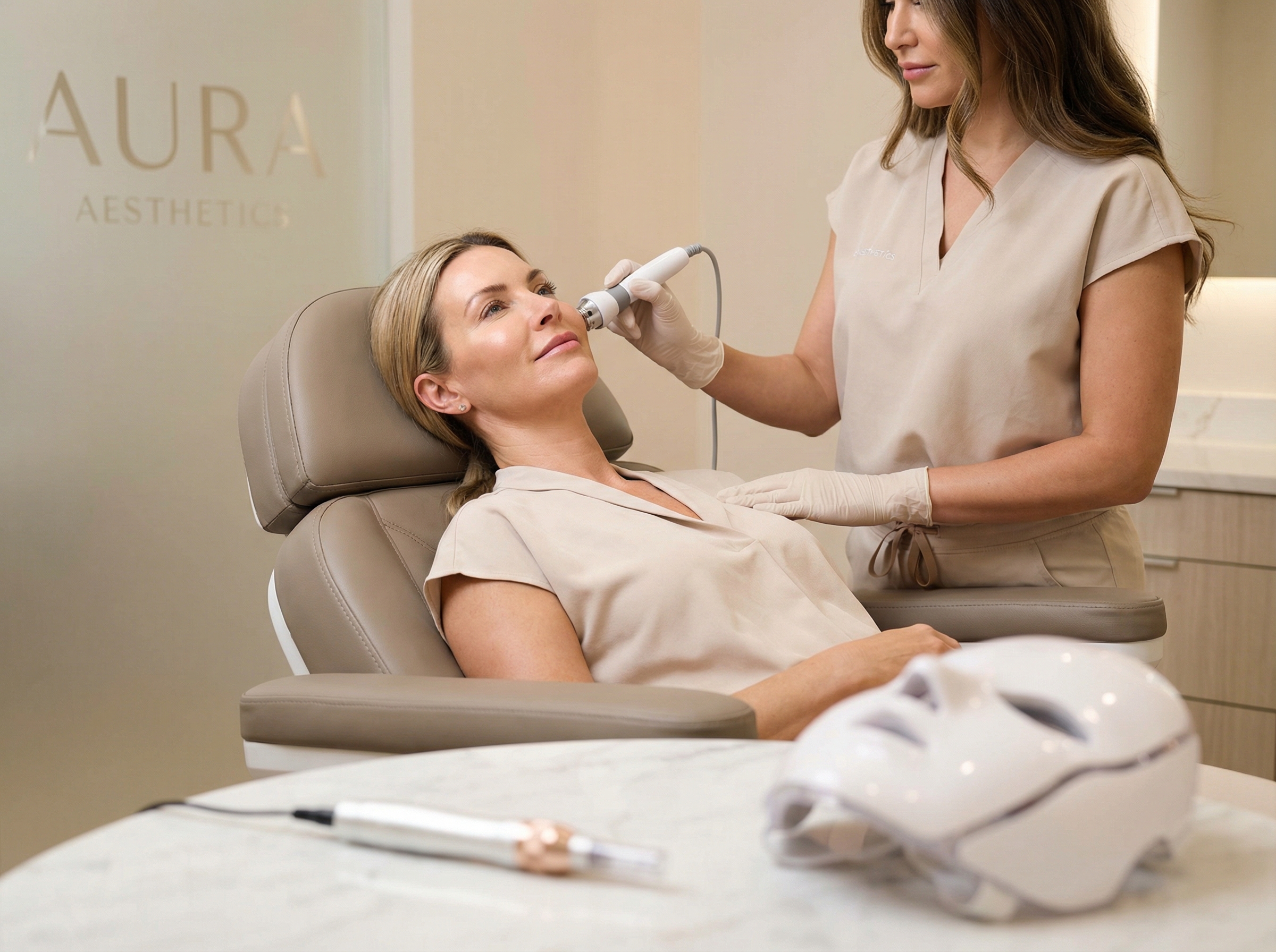 Woman receiving non‑invasive facial treatment with RF handpiece in a modern medical spa alongside microneedling pen and LED mask