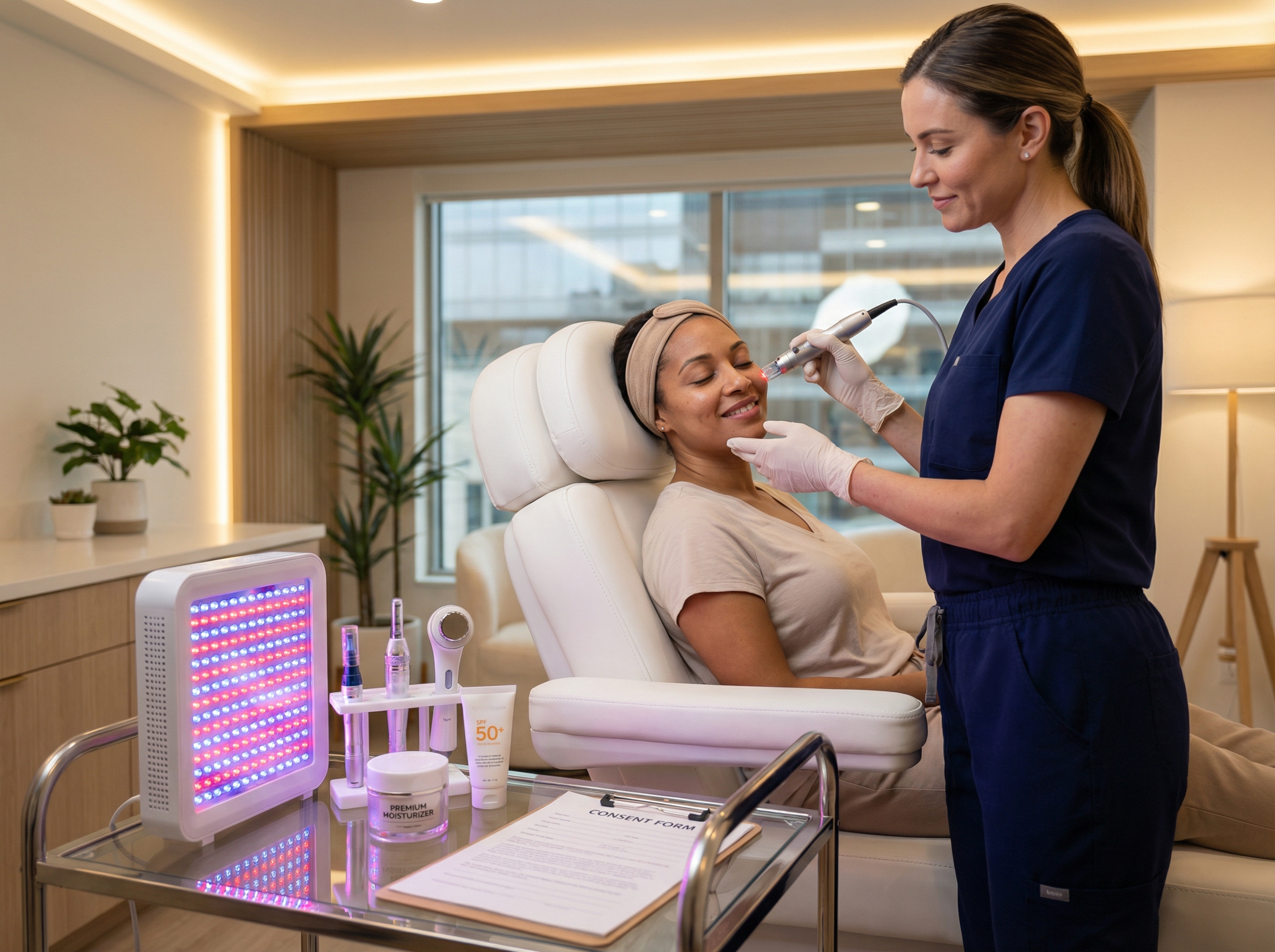 Diverse woman receiving a gentle fractional laser facial in a modern medspa with microneedling device, RF handpiece and LED panel visible on a nearby trolley
