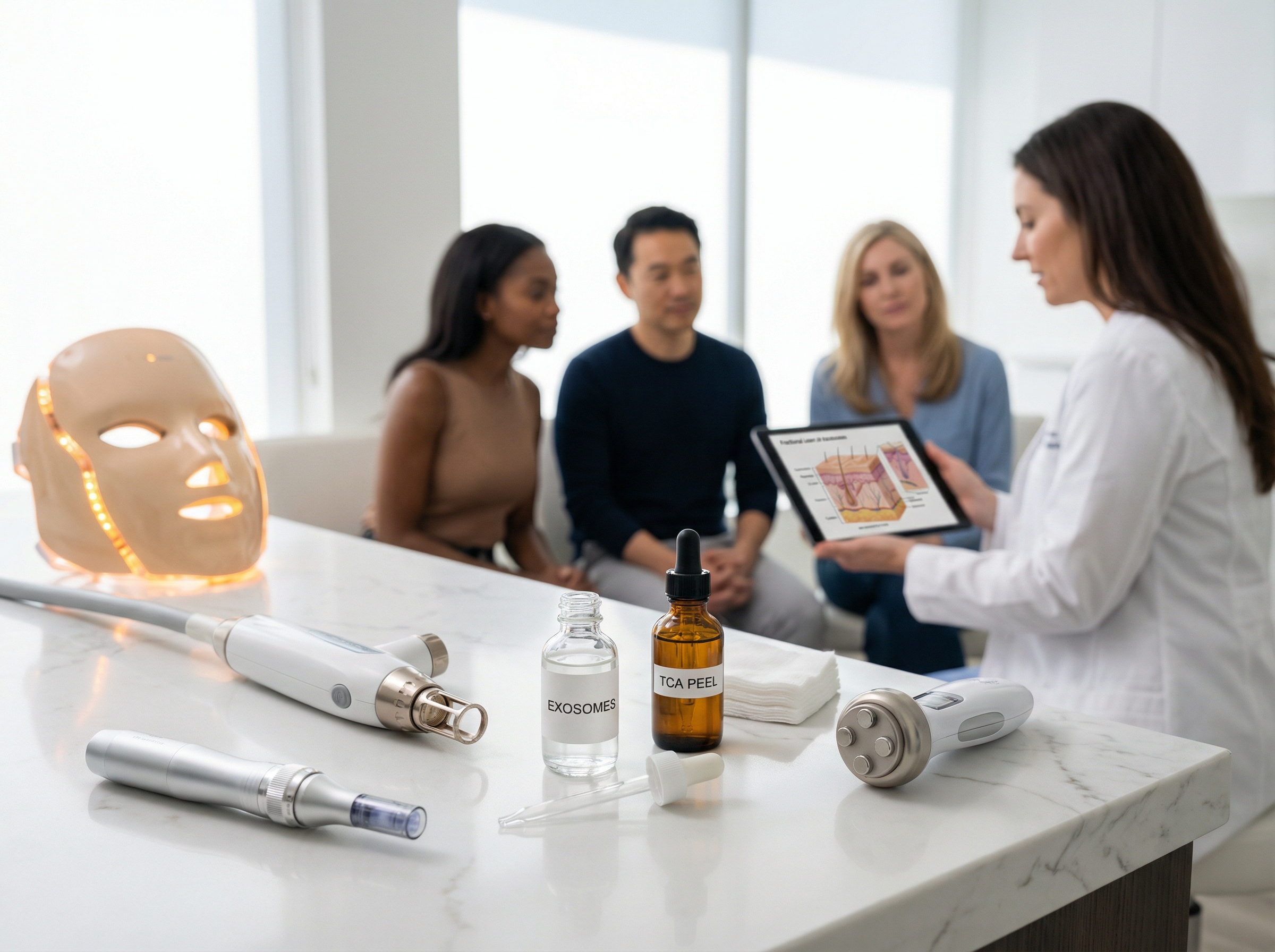 Dermatology clinic scene with microneedling pen laser handpiece exosome vial chemical peel bottle RF device LED mask and patients consulting with clinician