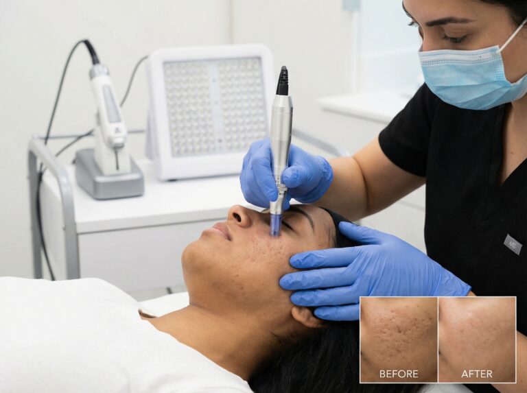Dermatologist performing microneedling on a patient's cheek with visible boxcar scars; laser handpiece and LED panel visible in the background