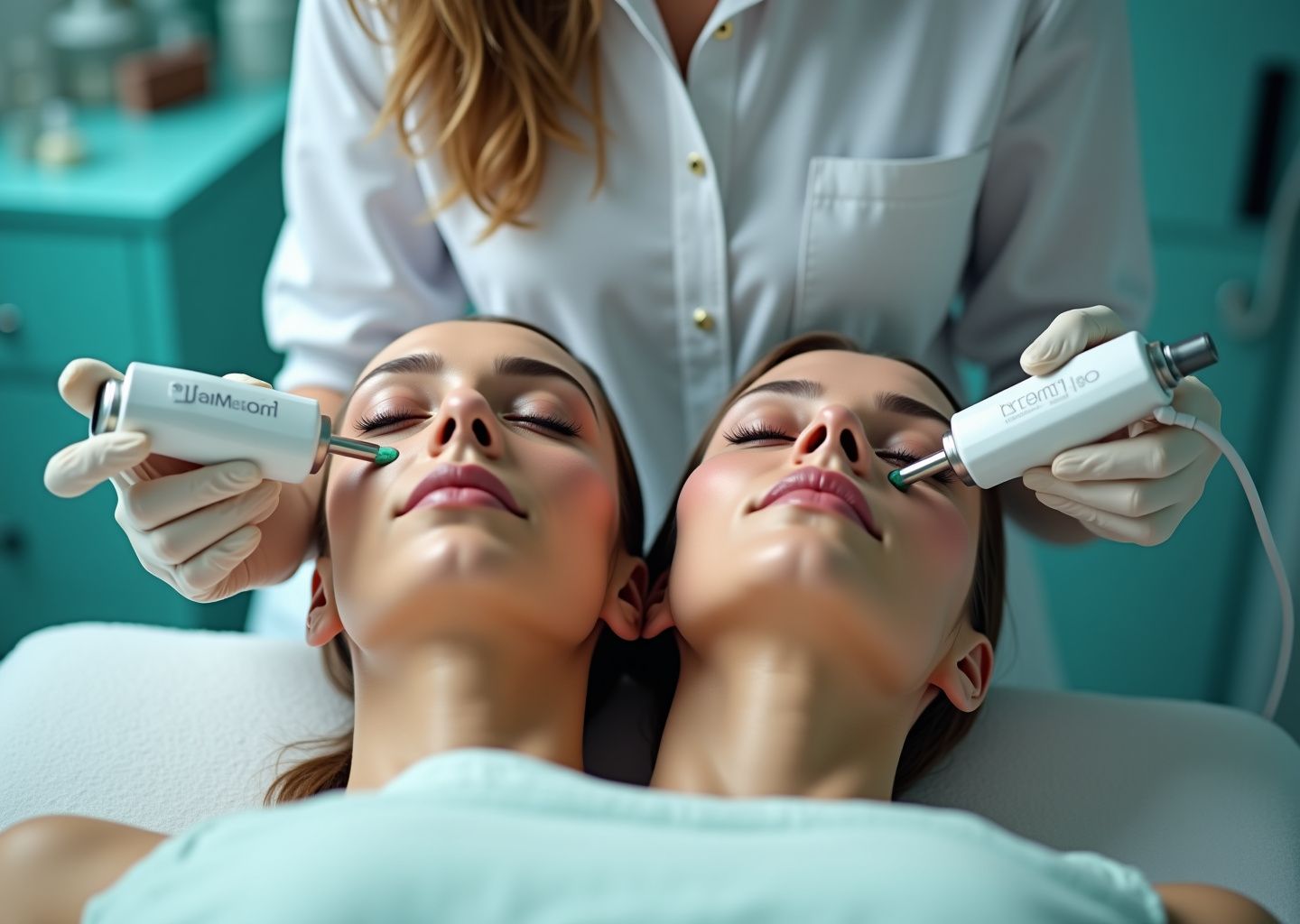 Patient receiving DiamondGlow on one half of the face and HydraFacial on the other in a modern medical spa setting