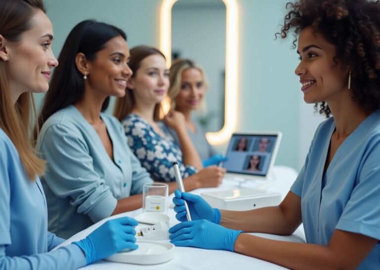 Dermatologist discussing microneedling, laser and peel options with diverse patients in a modern clinic; devices and sunscreen visible