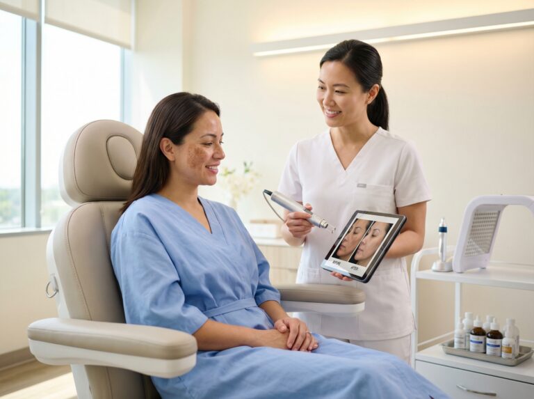 Dermatology clinic clinician showing a patient before-and-after photos while holding a handheld picosecond laser with microneedling and LED devices visible in the background