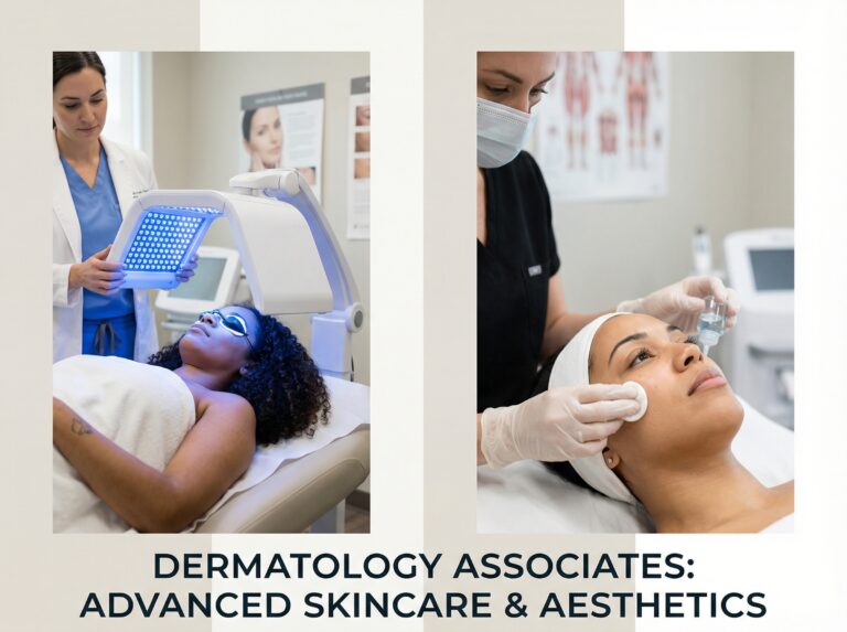 Dermatologist administering blue LED therapy while another clinician applies a salicylic acid peel to diverse patients in a clinical setting