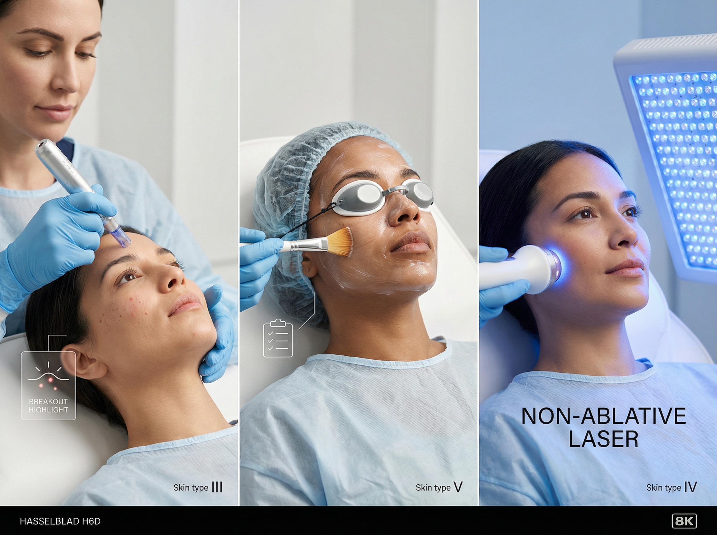 Clinician performing microneedling chemical peel and non‑ablative laser on diverse patients with small highlighted post‑treatment papules and an overlaid checklist icon