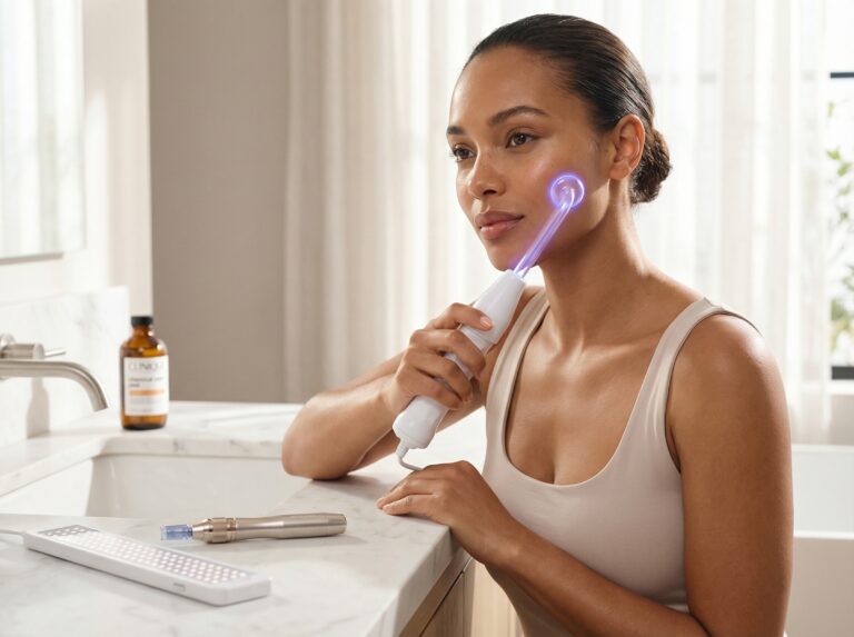 Person using a glowing high-frequency wand on their cheek at a clean home vanity with microneedling pen and LED panel visible in background