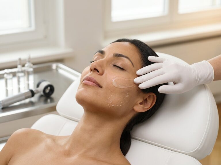 Patient in a clinic receiving post-TCA peel care, showing gentle facial peeling and clinician applying ointment