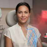Diverse woman in dermatology clinic with overlays showing collagen and elastin fibers and treatment devices in background