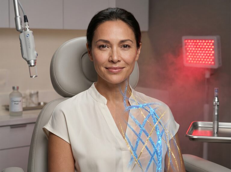 Diverse woman in dermatology clinic with overlays showing collagen and elastin fibers and treatment devices in background