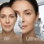 Split view of a clinic patient showing RF treated jowl on one side and Ultherapy lifted jawline on the other