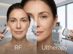 Split view of a clinic patient showing RF treated jowl on one side and Ultherapy lifted jawline on the other