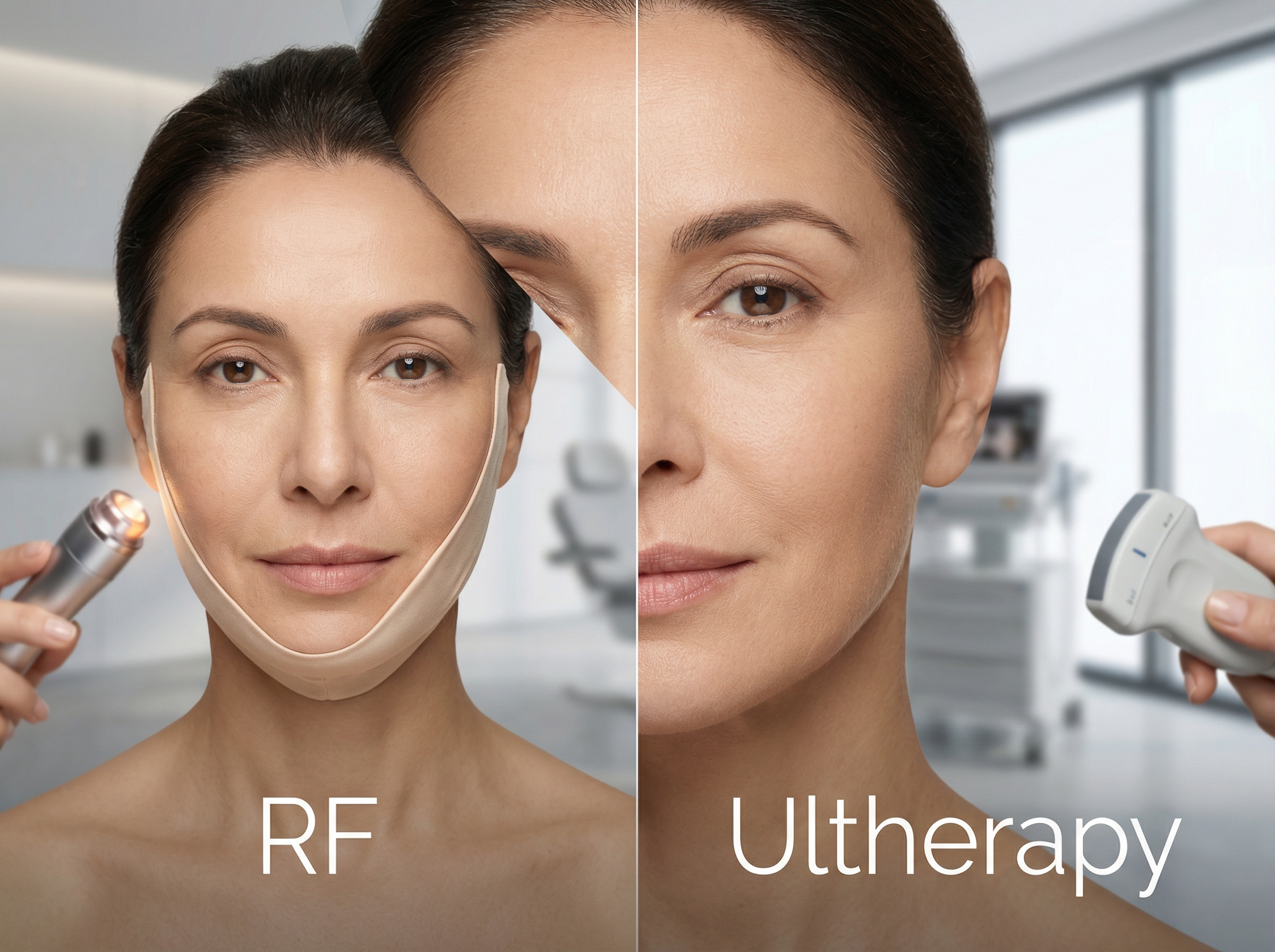 Split view of a clinic patient showing RF treated jowl on one side and Ultherapy lifted jawline on the other