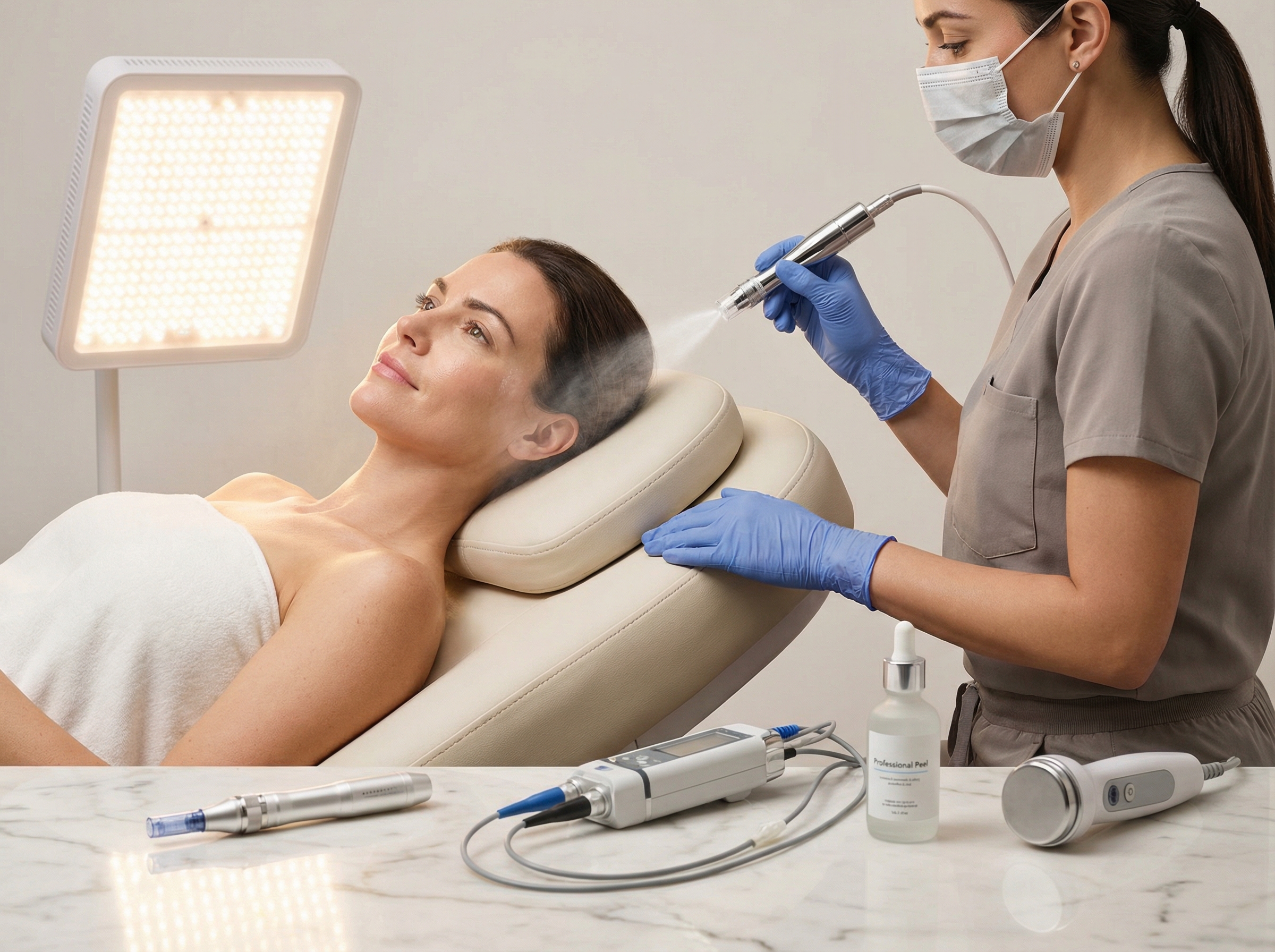 Clinician performing an oxygen facial in a modern medspa with microneedling pen, laser handpiece, chemical peel bottle, RF device and LED panel visible on the counter