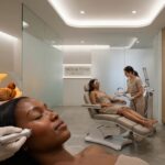 Diverse Black and brown‑skinned patients receiving RF microneedling, LED and long‑wavelength laser treatments in a modern clinical aesthetic setting