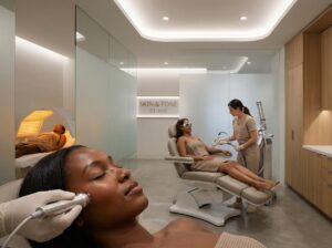 Diverse Black and brown‑skinned patients receiving RF microneedling, LED and long‑wavelength laser treatments in a modern clinical aesthetic setting